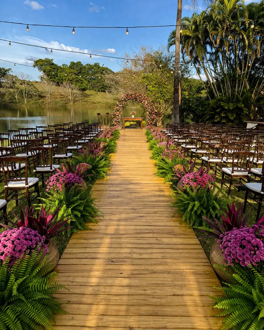Espaço da cerimônia no Sítio Paraíso, com caminho de madeira, flores e lago ao fundo